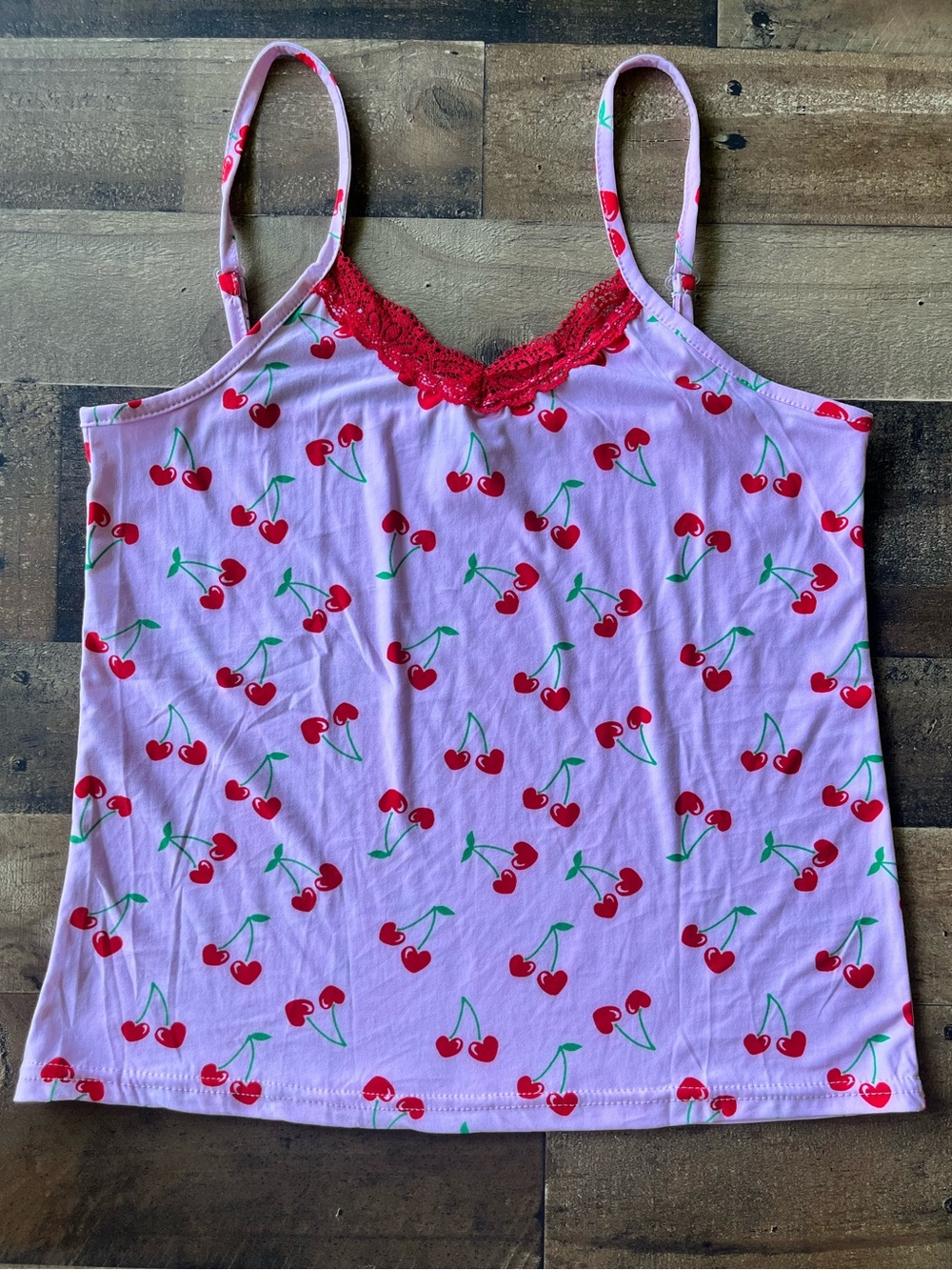 3/$15 ✨ NWOT Women's Cherry Print Pink/Red Lace-Trim Cami PJ Tank Top | S